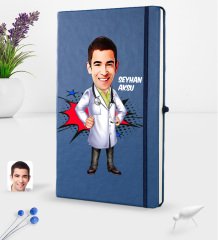 Kişiye Özel Erkek Doktor Karikatürlü Lacivert Termo Deri Defter 16x24cm Model 2