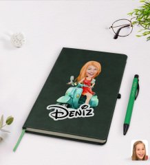 Kişiye Özel Kadın Karikatürlü Yeşil Termo Deri Defter Kalem Seti Model 24
