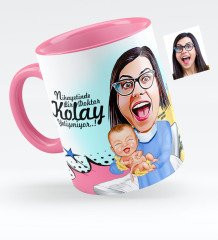 Kişiye Özel Bayan Kadın Hastalıkları ve Doğum Uzmanı Karikatürlü Pembe Kupa Bardak - 1
