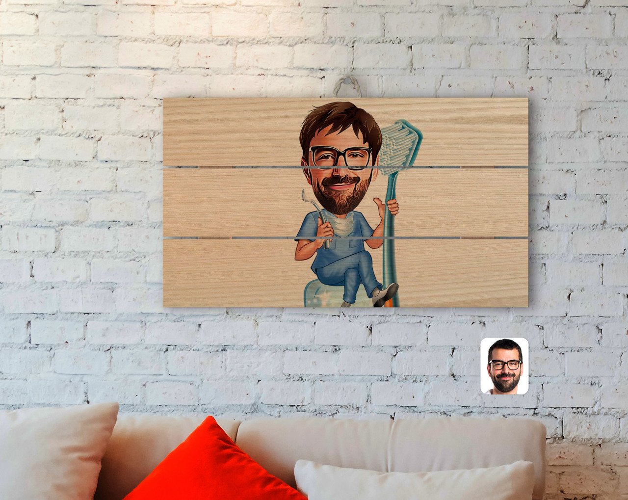 Kişiye Özel Erkek Diş Hekimi Karikatürlü Otantik Ahşap Palet Tablo-2