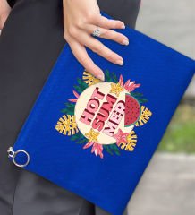 BK Gİft Yaz Temalı-8 Astarlı Mavi Portföy Çanta 30x21cm, Baskılı El Çantası, Organizer Çanta