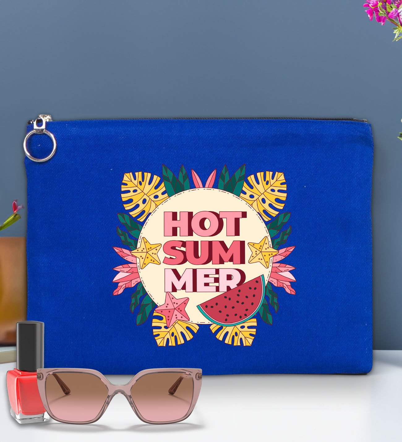 BK Gİft Yaz Temalı-8 Astarlı Mavi Portföy Çanta 30x21cm, Baskılı El Çantası, Organizer Çanta