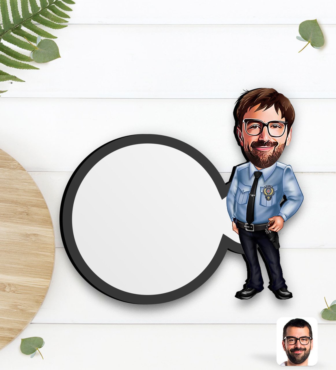 Kişiye Özel Erkek Polis Karikatürlü Ahşap Bardak Altlığı-1