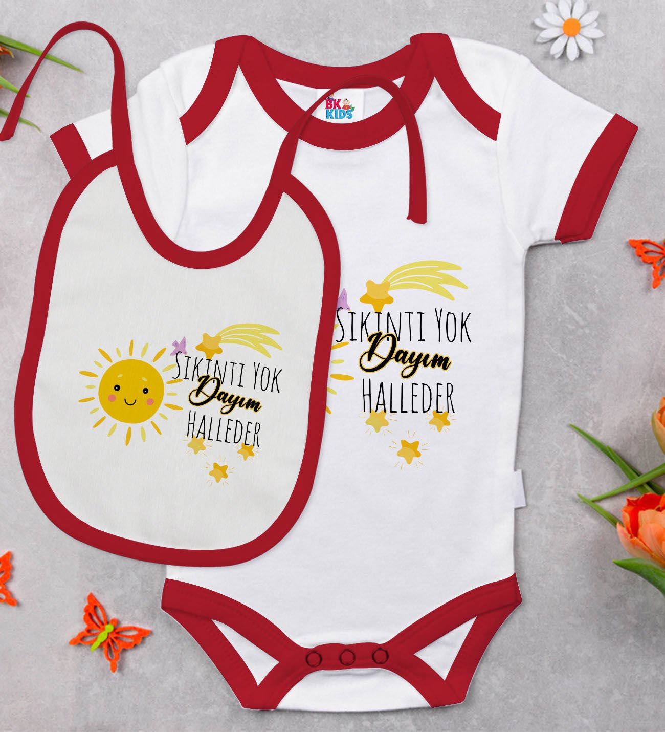 BK Kids Sıkıntı Yok Dayım Halleder Tasarımlı Kırmızı Bebek Body Zıbın ve Mama Önlüğü Hediye Seti-1