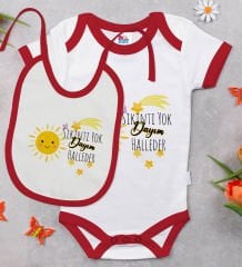 BK Kids Sıkıntı Yok Dayım Halleder Tasarımlı Kırmızı Bebek Body Zıbın ve Mama Önlüğü Hediye Seti-1