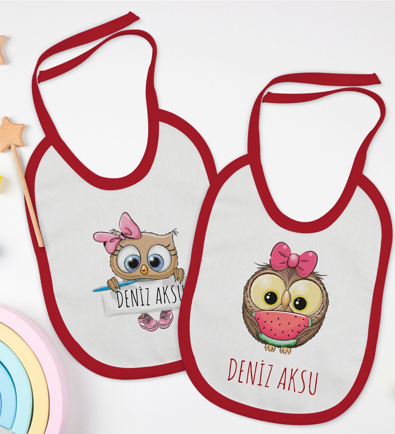 BK Kids Kişiye Özel İsimli 2’li Kırmızı Mama Önlüğü-18
