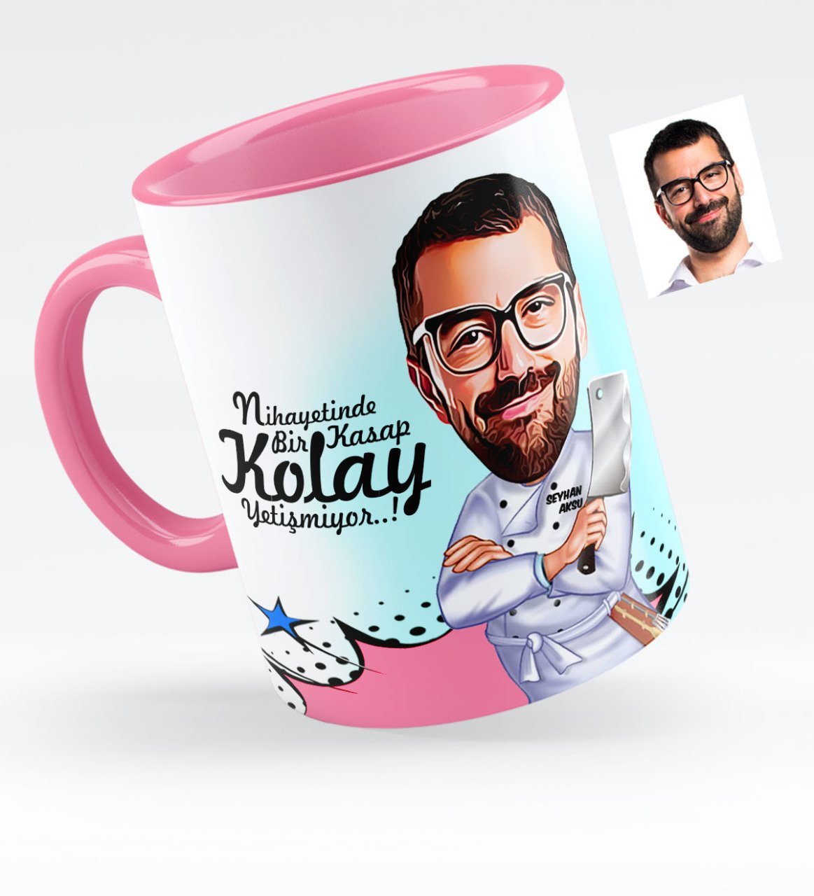Kişiye Özel Bay Kasap Karikatürlü Pembe Kupa Bardak - 1