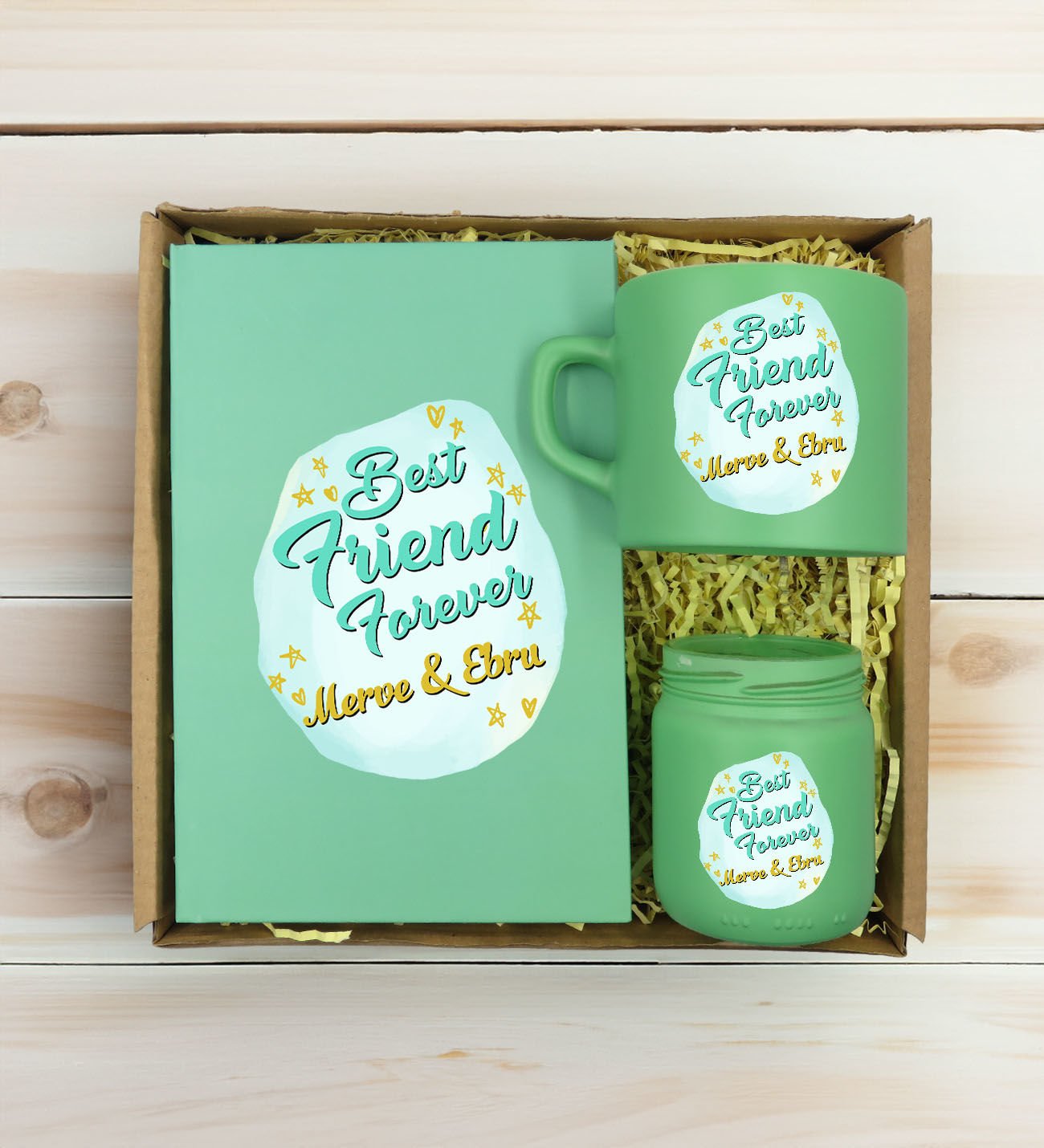 BK Gift Kişiye Özel İsimli DTF Best Friend Temalı Yeşil Defter & Kahve Fincanı & Mum Hediye Seti-2, Arkadaşa Hediye, Doğum Günü Hediyesi