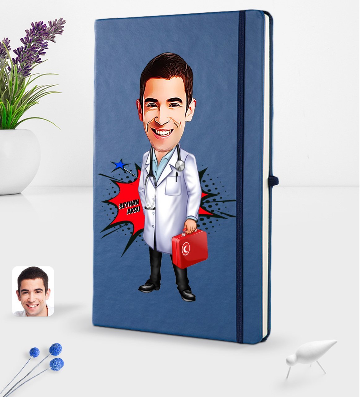 Kişiye Özel Erkek Doktor Karikatürlü Lacivert Termo Deri Defter 16x24cm Model 4