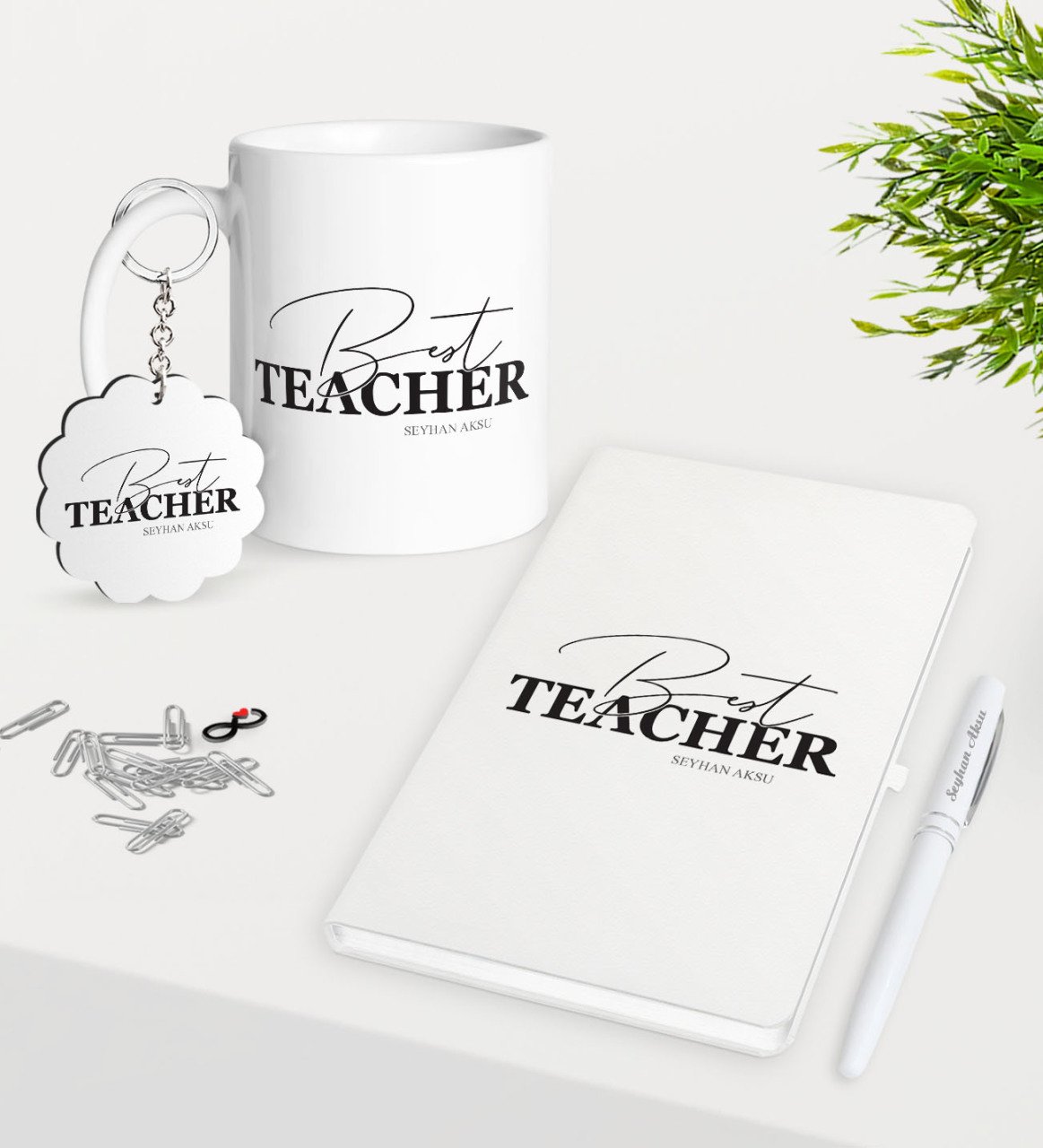 Kişiye Özel En İyi Öğretmen Kupa Anahtarlık Beyaz Defter Kalem Hediye Seti-17