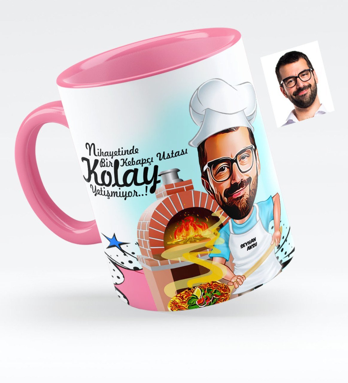 Kişiye Özel Bay Kebapçı Ustası Karikatürlü Pembe Kupa Bardak - 1