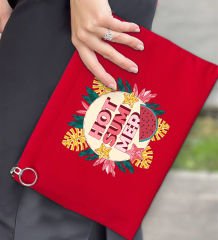 BK Gİft Yaz Temalı-8 Astarlı Kırmızı Portföy Çanta 30x21cm, Baskılı El Çantası, Organizer Çanta