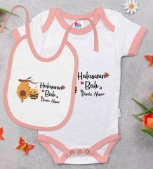 BK Kids Kişiye Özel Halasının Balı Tasarımlı Pembe Bebek Body Zıbın ve Mama Önlüğü Hediye Seti