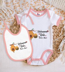 BK Kids Kişiye Özel Halasının Balı Tasarımlı Pembe Bebek Body Zıbın ve Mama Önlüğü Hediye Seti