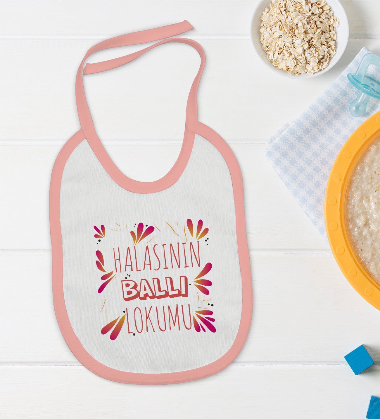 BK Kids Halasının Ballı Lokumu Tasarımlı Pembe Bebek Mama Önlüğü-1
