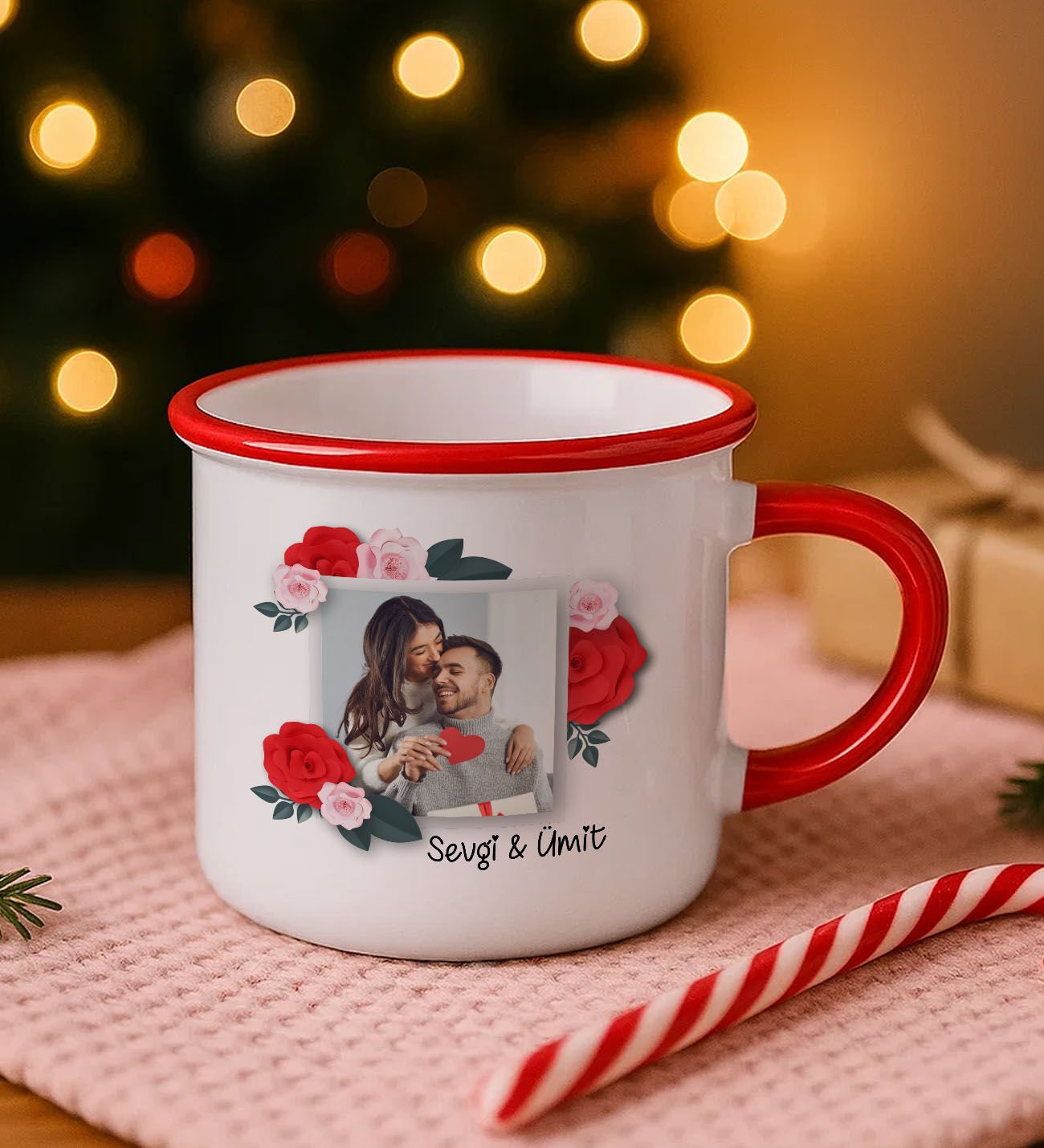 BK Gift Kişiye Özel İsimli Fotoğraflı Kırmızı Emaye Kupa Bardak -1, Arkadaşa Hediye, Sevgiliye Hediye