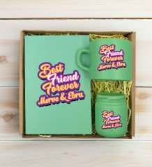 BK Gift Kişiye Özel İsimli DTF Best Friend Temalı Yeşil Defter & Kahve Fincanı & Mum Hediye Seti-3, Arkadaşa Hediye, Doğum Günü Hediyesi