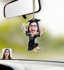 Kişiye Özel Bayan Mezun Karikatürlü Ahşap Araba Dikiz Ayna Süsü