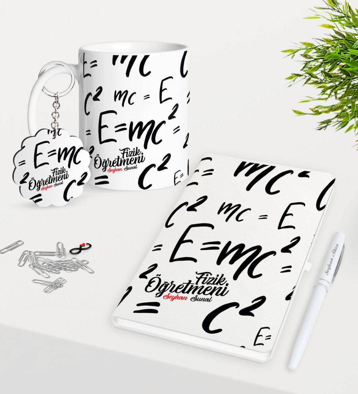 Kişiye Özel Fizik Öğretmeni Kupa Anahtarlık Beyaz Defter Kalem Hediye Seti-3