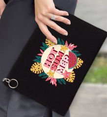 BK Gİft Yaz Temalı-8 Astarlı Siyah Portföy Çanta 30x21cm, Baskılı El Çantası, Organizer Çanta