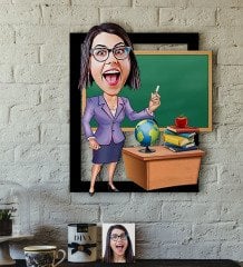 Kişiye Özel Bayan Öğretmen Karikatürlü 3D Ahşap Tablo-1