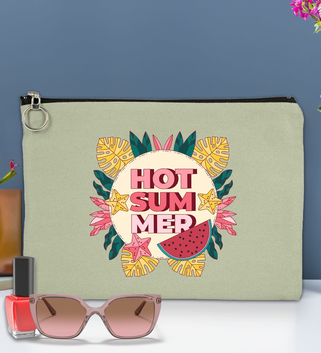 BK Gİft Yaz Temalı-8 Astarlı Mint Yeşili Portföy Çanta 30x21cm, Baskılı El Çantası, Organizer Çanta