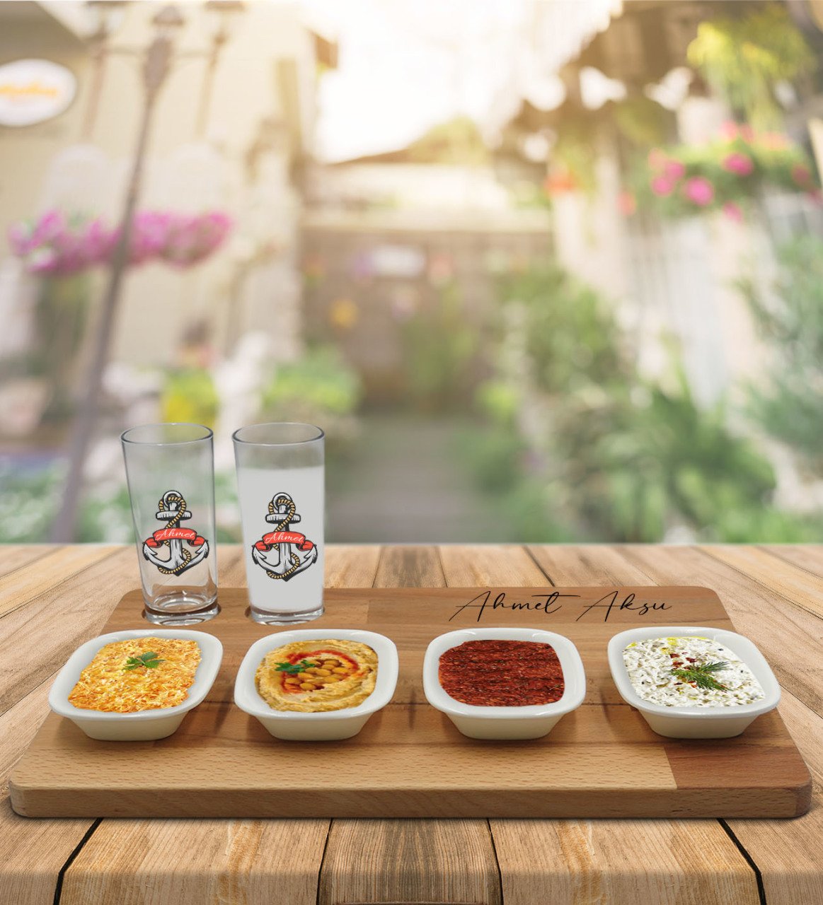 Kişiye Özel Çapa Tasarımlı 2’li Rakı Bardağı ve Meze Tabaklı Doğal Masif Ahşap Servis Sunum Tepsisi Model 3