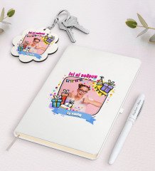Kişiye Özel Fotoğraflı Doğum Günü Beyaz Defter Kalem ve Anahtarlık Hediye Seti-3