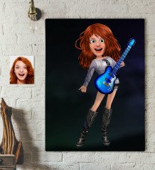 Kişiye Özel Kadın Gitarist Animasyon Karikatürlü Kanvas Tablo 70x100cm -11