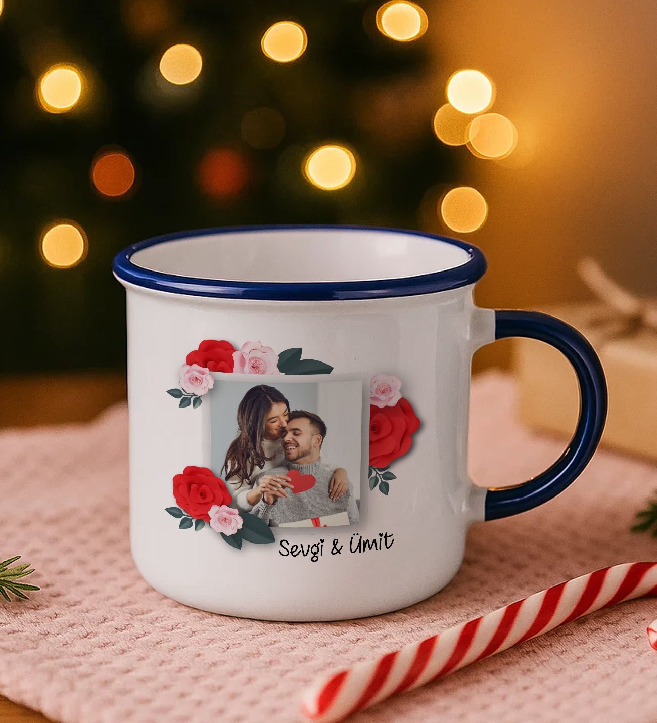 BK Gift Kişiye Özel İsimli Fotoğraflı Lacivert Emaye Kupa Bardak -1, Arkadaşa Hediye, Sevgiliye Hediye