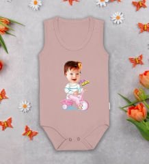 BK Kids Kişiye Özel Karikatürlü Pembe %100 Pamuklu Askılı Sıfır Kol Bebek Body Zıbın-1, Yeni Doğan Bebek Hediyesi