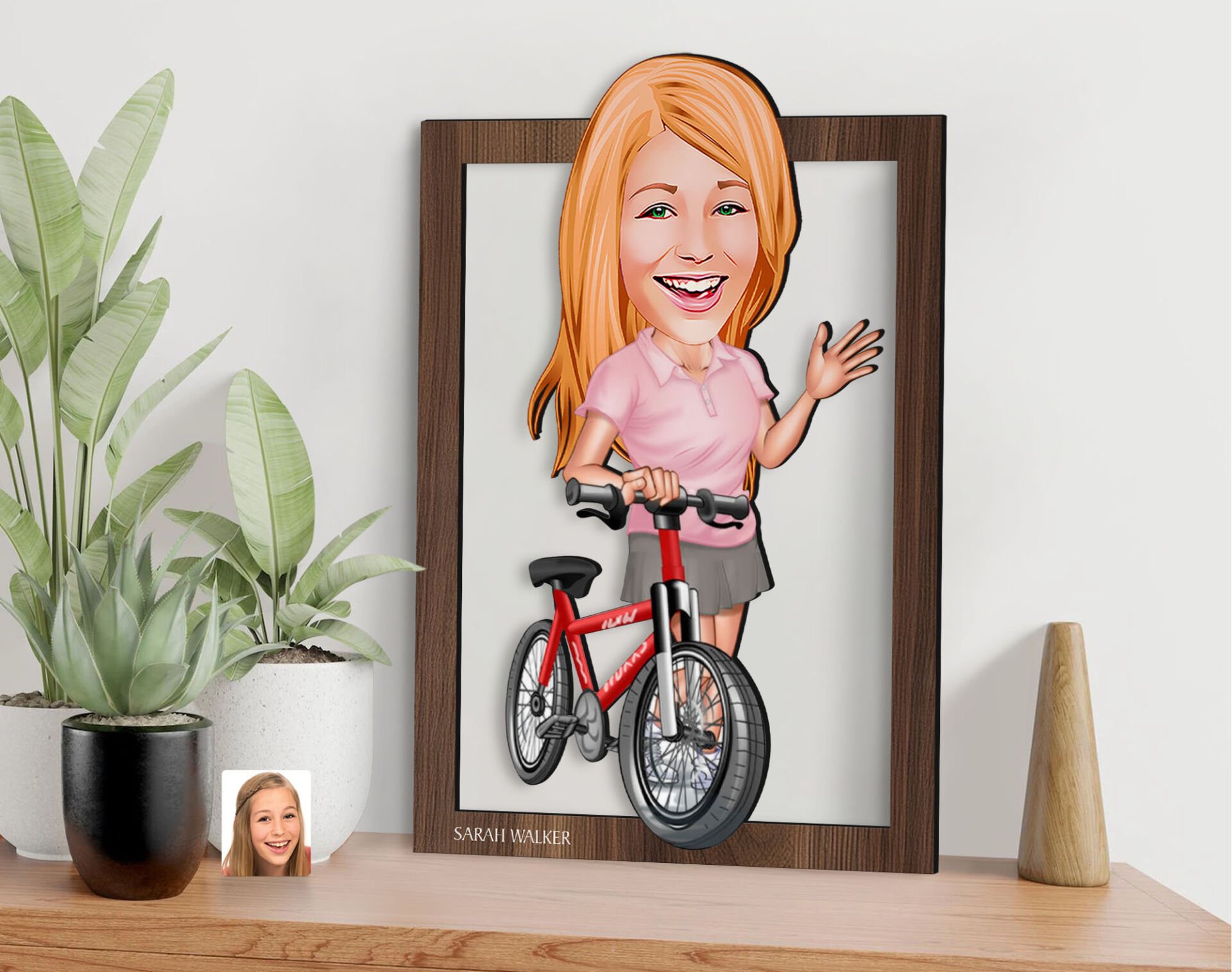 BK Gift Kişiye Özel Kadın Bisikletçi Karikatürlü 3D Ahşap Tablo-5, Sevgiliye Hediye, Arkadaşa Hediye, Doğum Günü Hediyesi