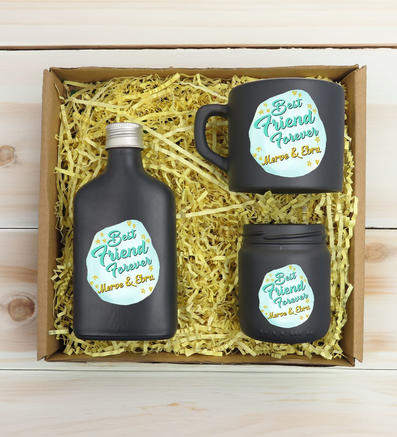 BK Gift Kişiye Özel İsimli DTF Best Friend Temalı Antrasit Kahve Fincanı & Kolonya & Mum Hediye Seti-2, Arkadaşa Hediye, Doğum Günü Hediyesi