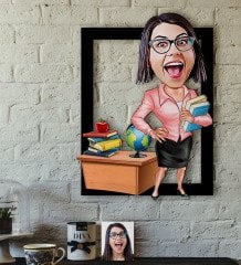 Kişiye Özel Bayan Öğretmen Karikatürlü 3D Ahşap Tablo-5