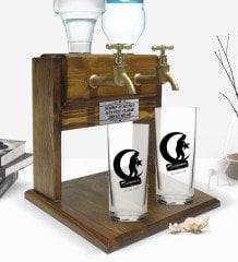Kişiye Özel Renkli Baskılı Atatürk Tasarımlı İkili Rakı Bardağı ve Çift Musluklu Doğal Ahşap Rakı Standı-32