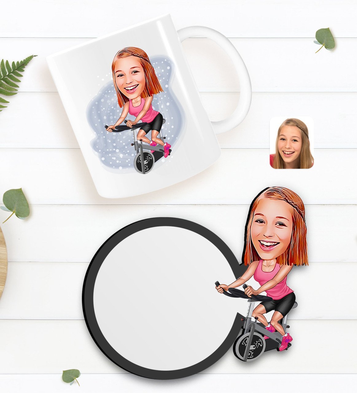 Kişiye Özel Kadın Fitness Sporcusu Karikatürlü Beyaz Kupa ve Ahşap Bardak Altlığı Hediye Seti-1