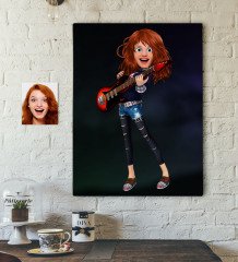 Kişiye Özel Kadın Gitarist Animasyon Karikatürlü Kanvas Tablo 50x70cm -12