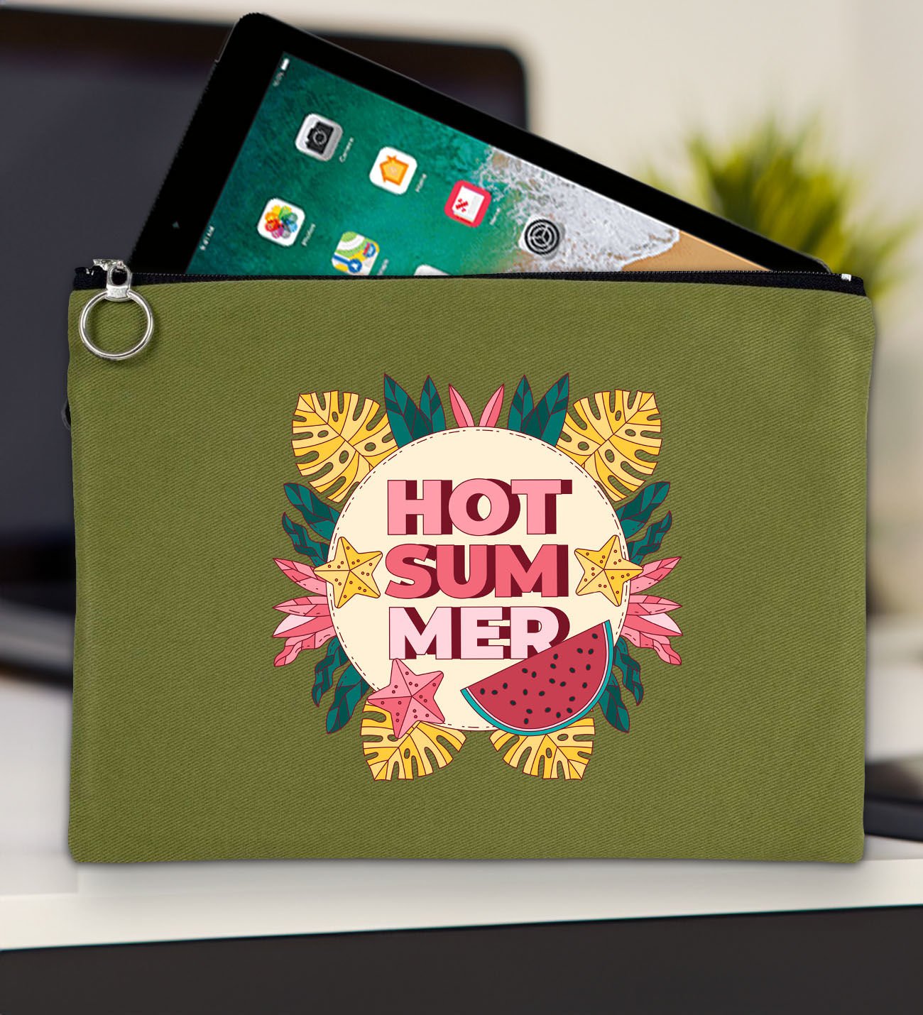 BK Gİft Yaz Temalı-8 Yeşil Tablet Çantası 30x21cm, Ipad Çantası, Baskılı Tablet Kılıfı