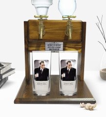 Kişiye Özel Renkli Baskılı Atatürk Tasarımlı İkili Rakı Bardağı ve Çift Musluklu Doğal Ahşap Rakı Standı-33