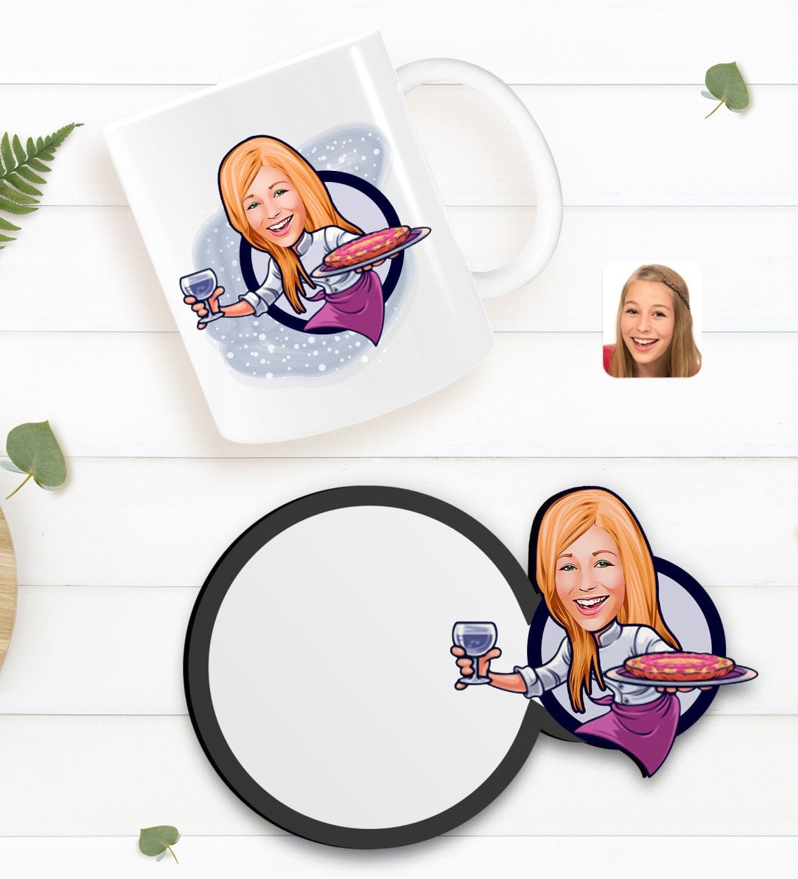 Kişiye Özel Kadın Garson Karikatürlü Beyaz Kupa ve Ahşap Bardak Altlığı Hediye Seti-1