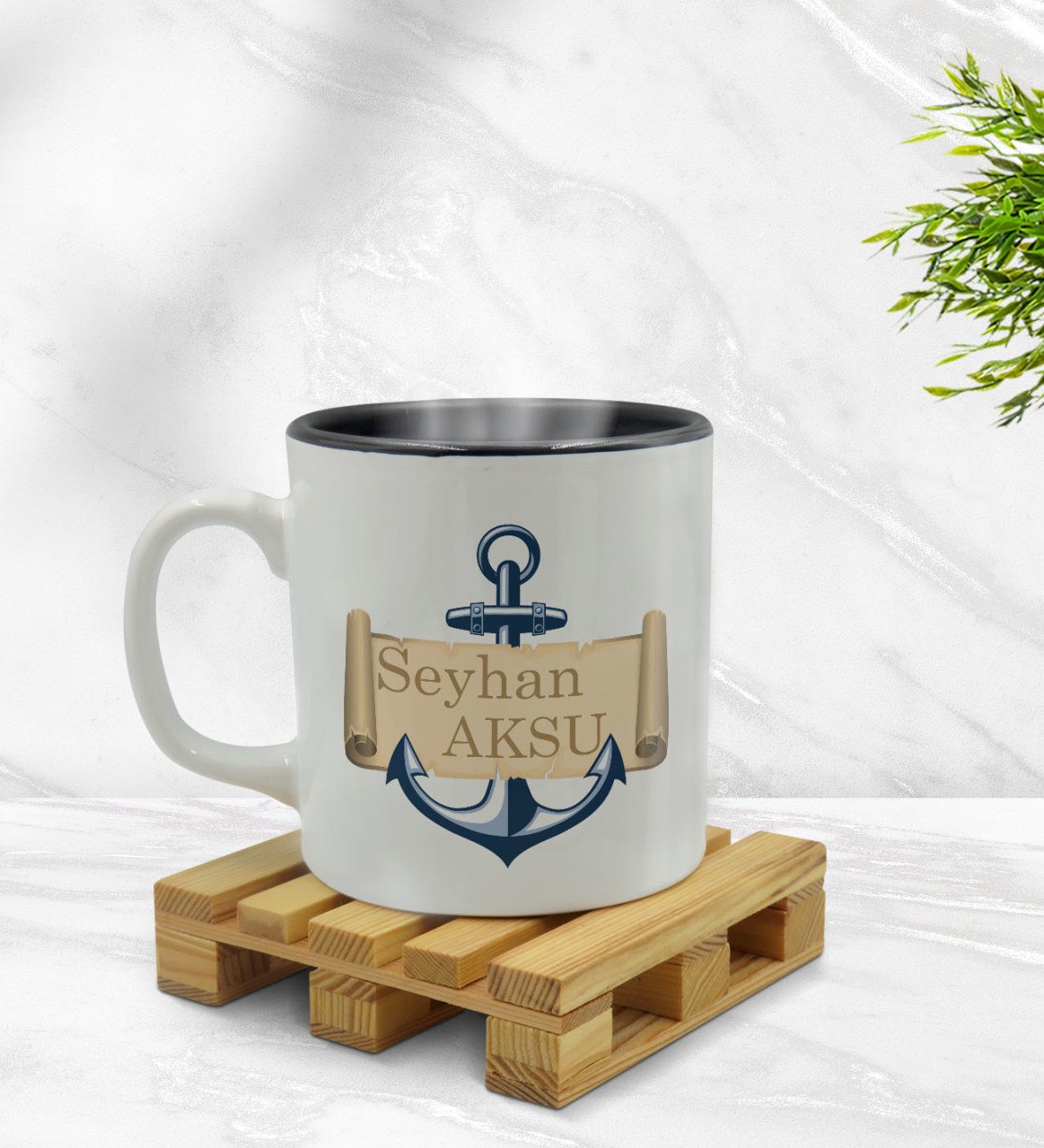 Kişiye Özel Çapa Tasarımlı İçi Siyah Renkli Kupa Bardak Model 3