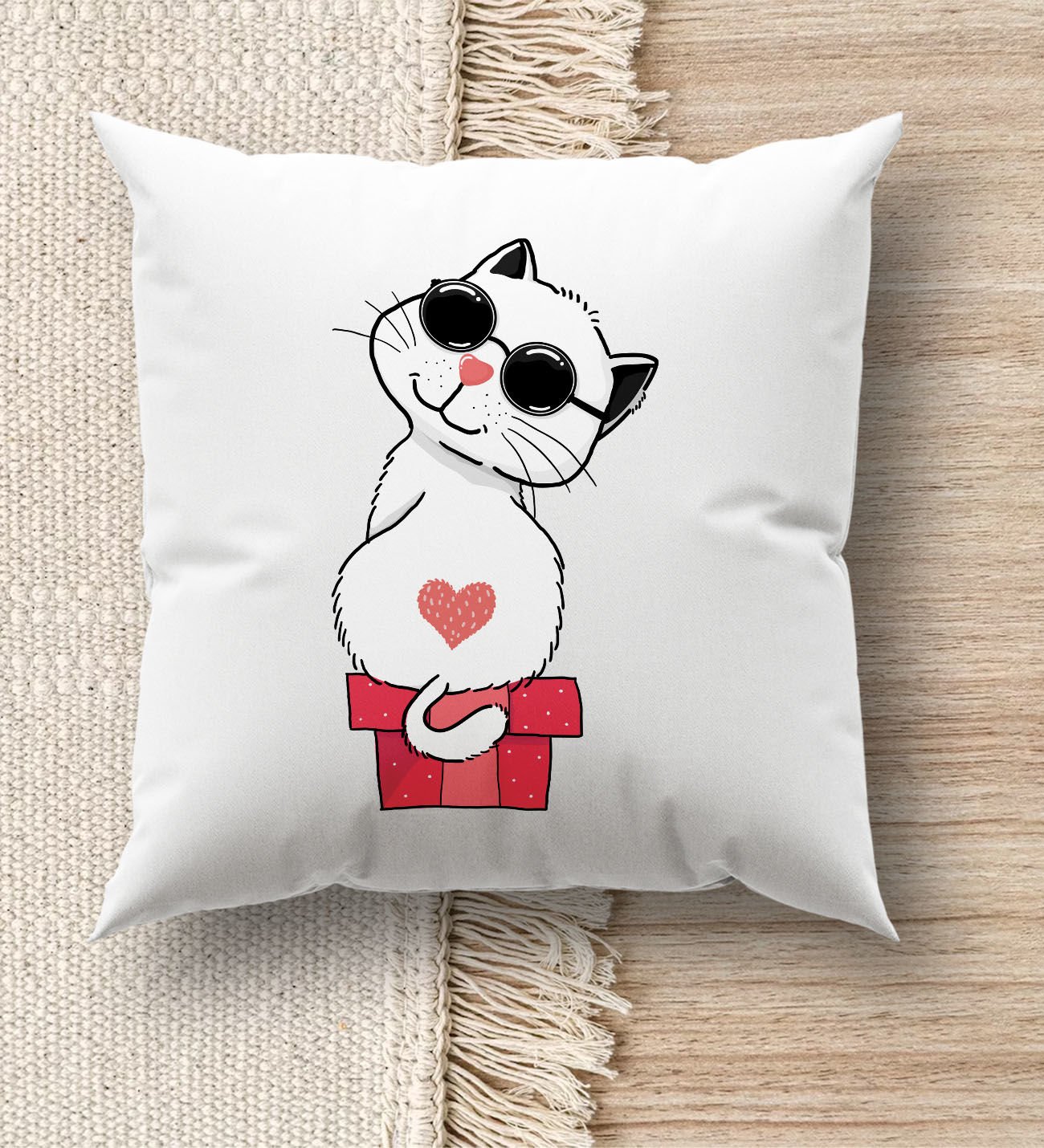 BK Gift Kedi Tasarımlı Beyaz Kırlent Yastık, Ev Hediyesi, Ev Dekorasyonu, Dekoratif Hediye-6
