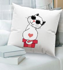 BK Gift Kedi Tasarımlı Beyaz Kırlent Yastık, Ev Hediyesi, Ev Dekorasyonu, Dekoratif Hediye-6