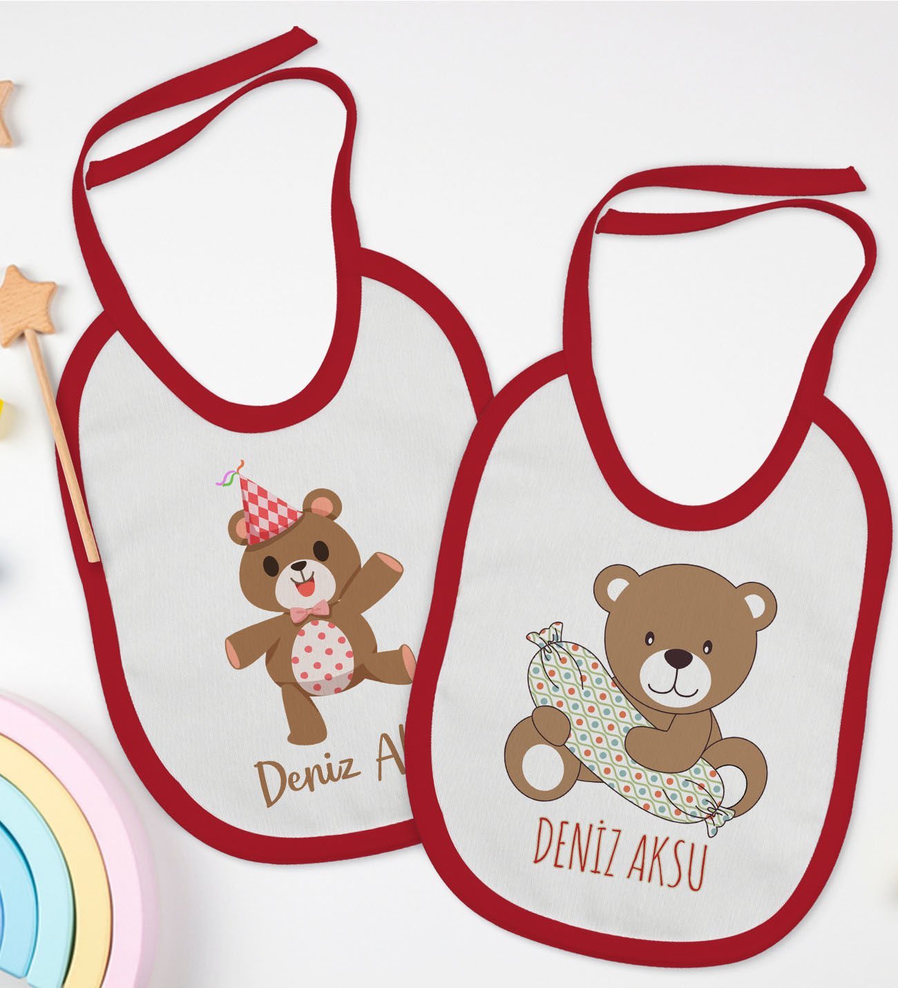 BK Kids Kişiye Özel Sevimli Ayı Tasarımlı 2’li Kırmızı Mama Önlüğü-1