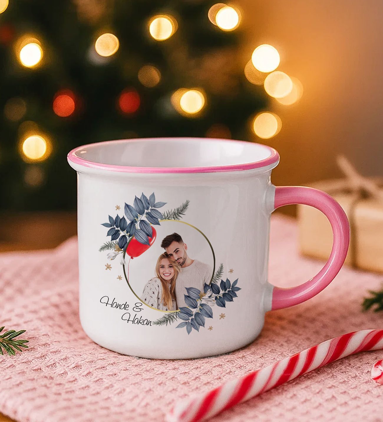 BK Gift Kişiye Özel İsimli Fotoğraflı Pembe Emaye Kupa Bardak -2, Arkadaşa Hediye, Sevgiliye Hediye