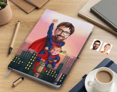 Bk Gift Kişiye Özel Baba ve Süper Çocuk Karikatürlü Beyaz Defter-1 , Arkadaşa Hediye , Sevgiliye Hediye