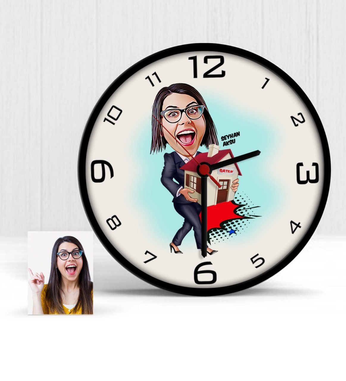 Kişiye Özel Bayan Gayrimenkul Danışmanı Karikatür Ahşap Duvar Saati - 2