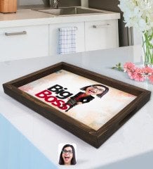 Kişiye Özel Kadın Big Boss Karikatürlü Doğal Ahşap Tepsi-2