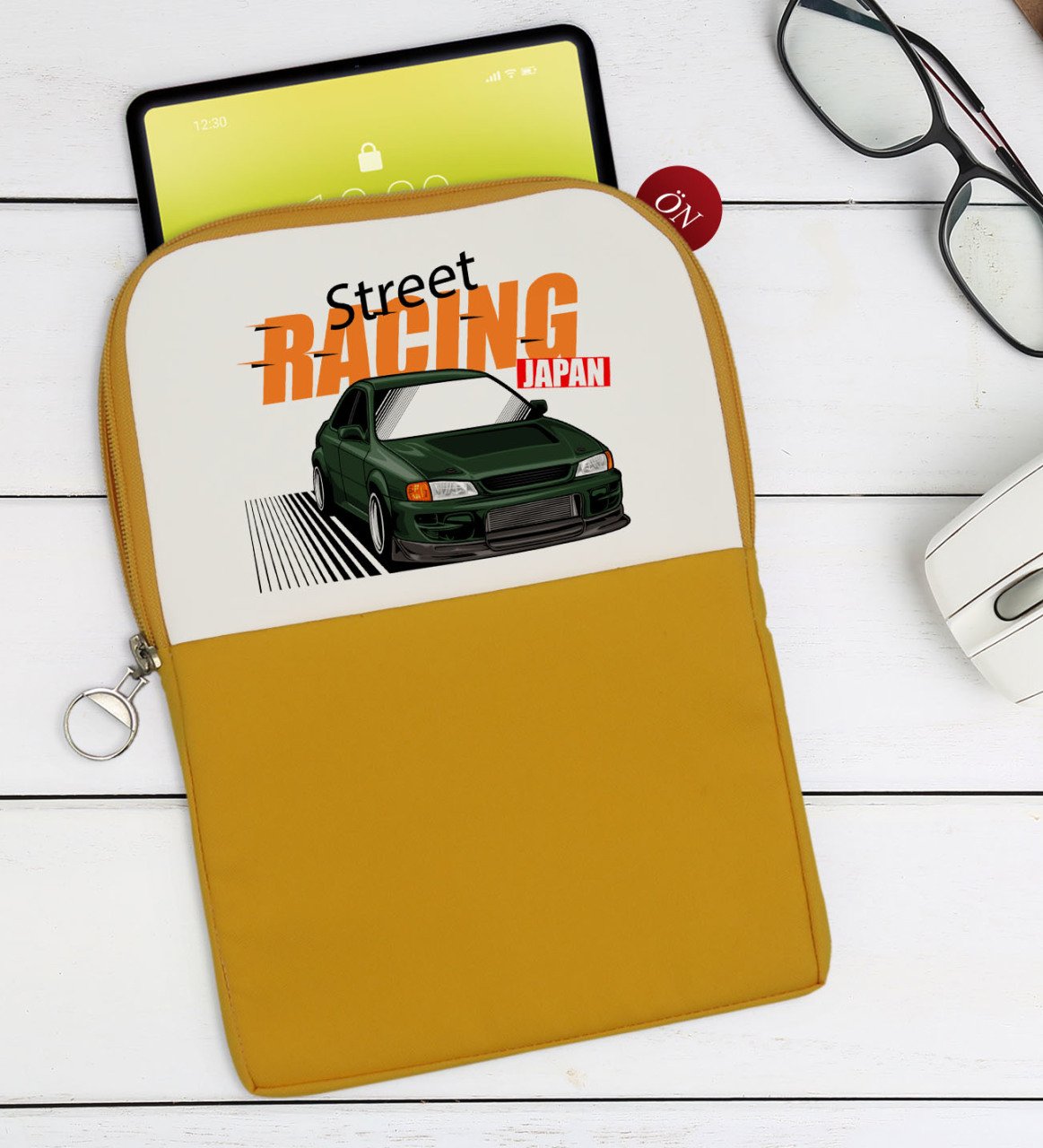 BK Gift Street Racing Tasarımlı Taşınabilir Koruyucu Tablet Kılıfı & Organizer Çanta - Sarı-1