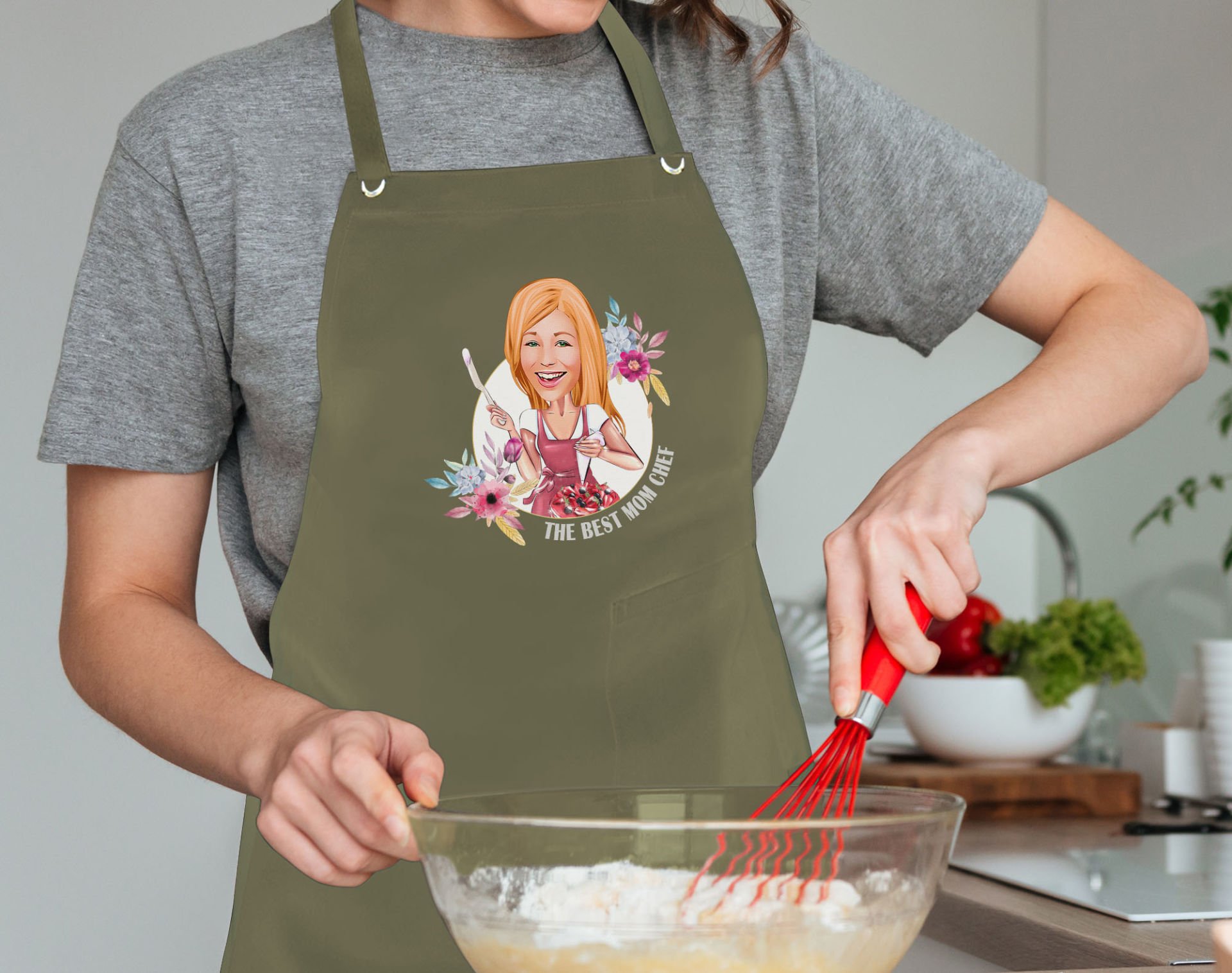 BK Gift Kişiye Özel Anneler Günü Karikatürlü Profesyonel Haki Mutfak Önlüğü, Aşçı Önlüğü, Şef Önlüğü, Arkadaşa Hediye-1